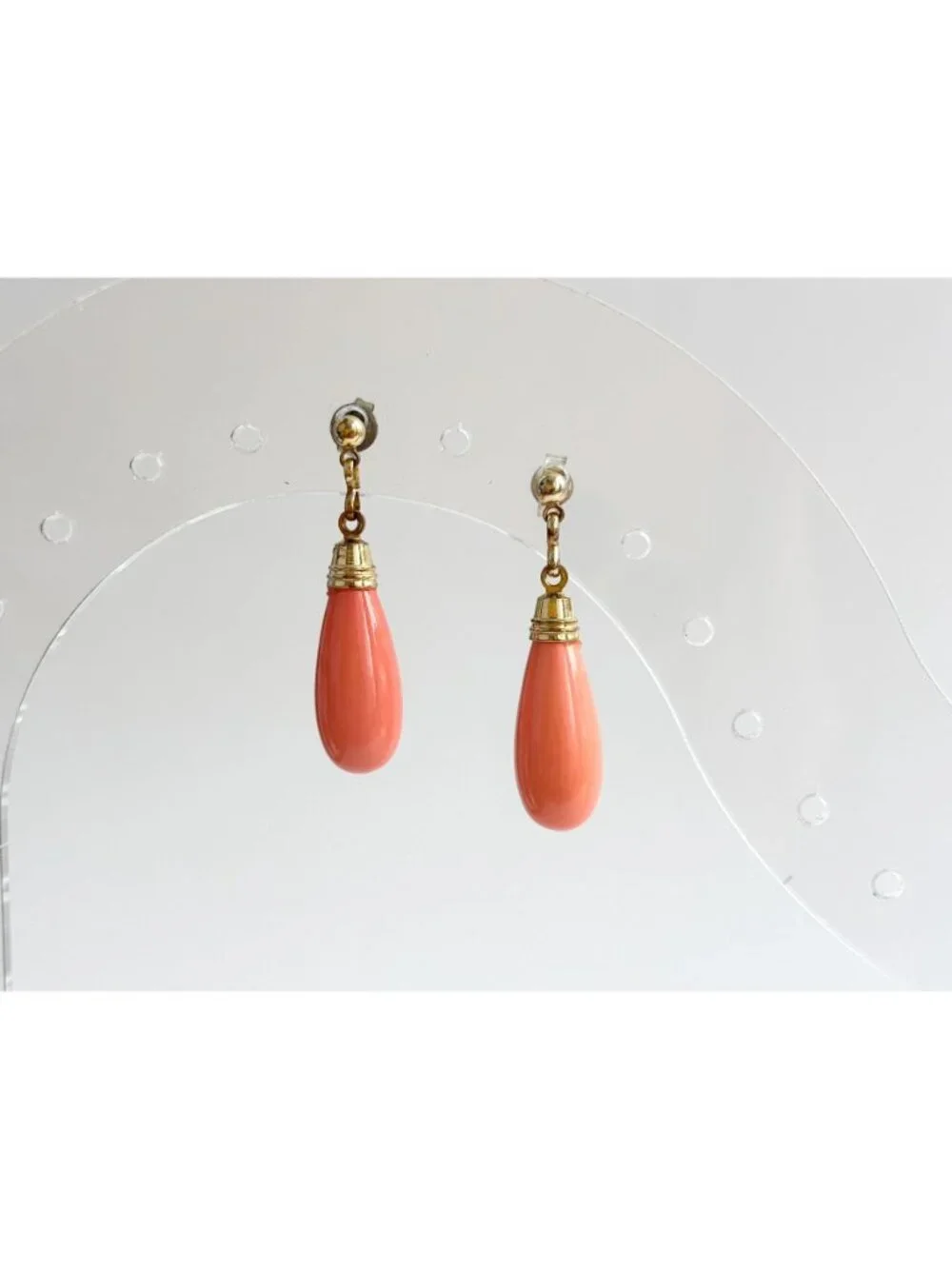 Art Deco Style Faux Coral Gold T Teardrop Vintage Sterling Silver 925 Earrings